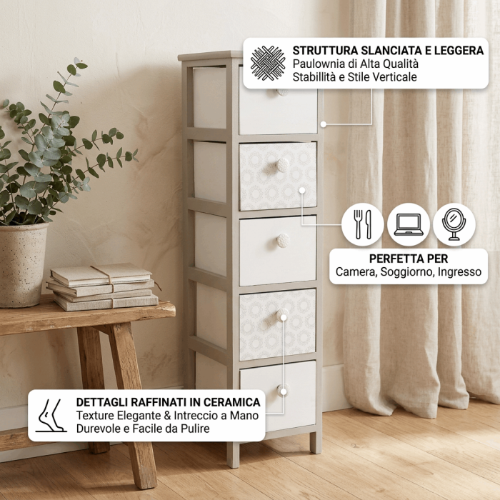 Cassettiera Alta in Legno di Paulownia Beige con 5 Cassetti con Pomelli in Ceramica 26x32x98 cm - immagine 3