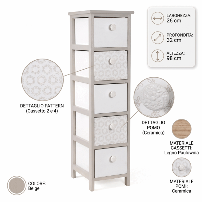 Cassettiera Alta in Legno di Paulownia Beige con 5 Cassetti con Pomelli in Ceramica 26x32x98 cm - immagine 4
