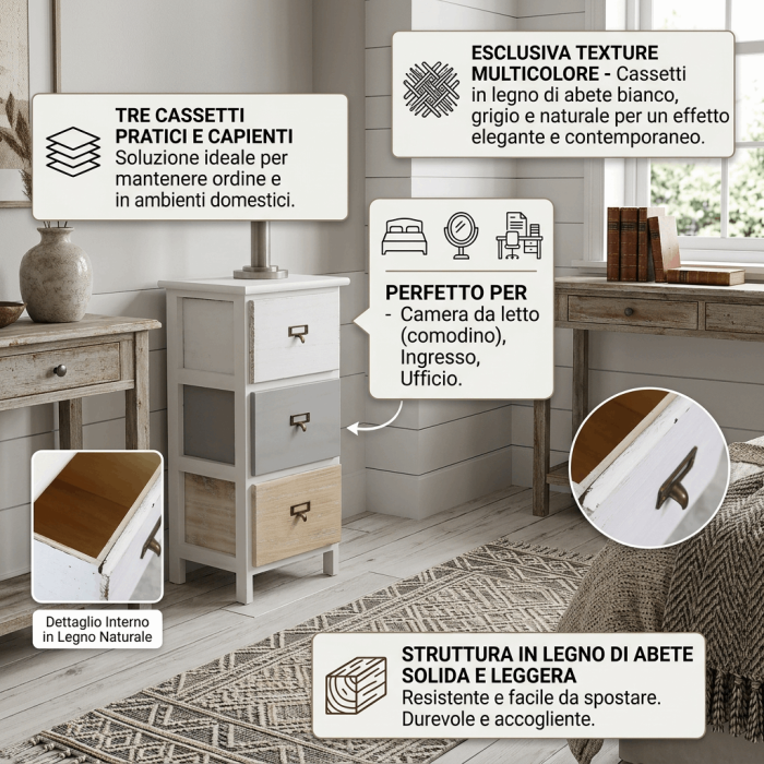 Cassettiera in Legno di Abete Multicolore 3 Cassetti  30X24H61 - immagine 3