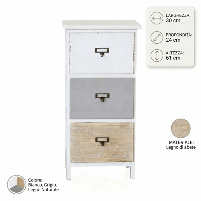 Cassettiera in Legno di Abete Multicolore 3 Cassetti  30X24H61 - immagine 4