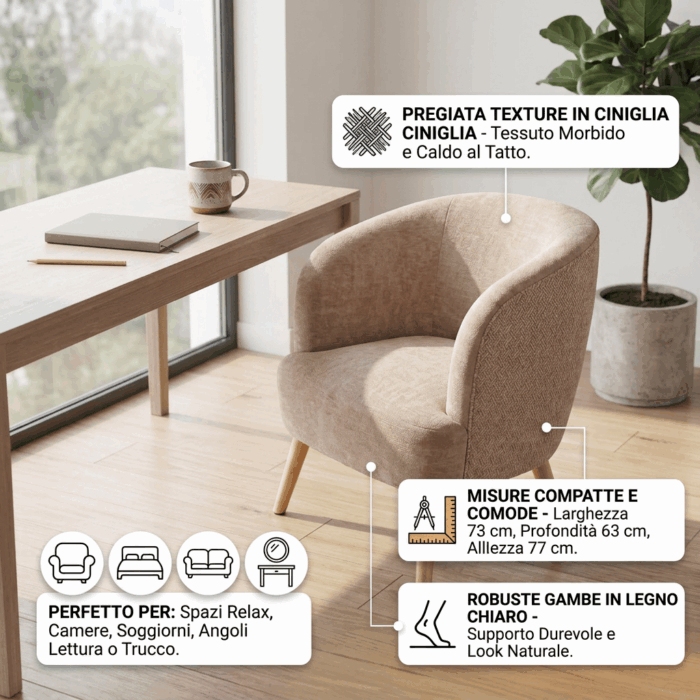Poltrona in ciniglia "Giorgia" beige - immagine 3