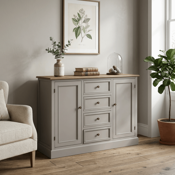 Credenza "Vicenzo" in Legno di Pino e MDF con 4 Cassetti e 2 Ante Piano Effetto Legno e Struttura Grigia 120x40x90 cm - immagine 5