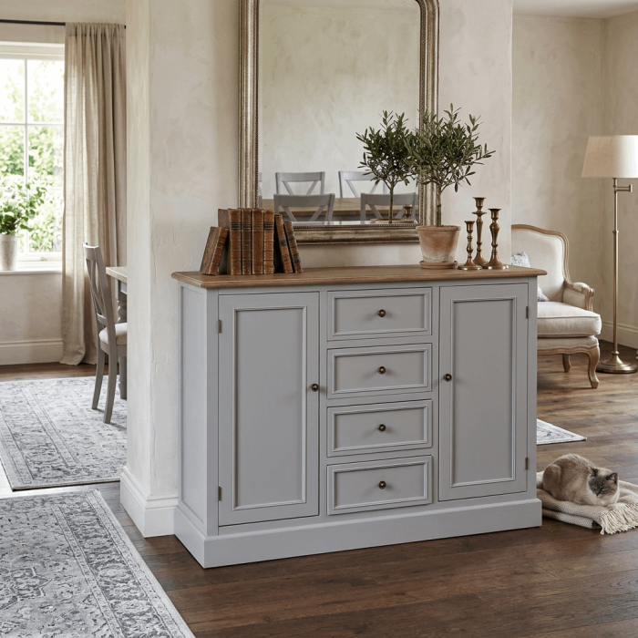 Credenza "Vicenzo" in Legno di Pino e MDF con 4 Cassetti e 2 Ante Piano Effetto Legno e Struttura Grigia 120x40x90 cm - immagine 2