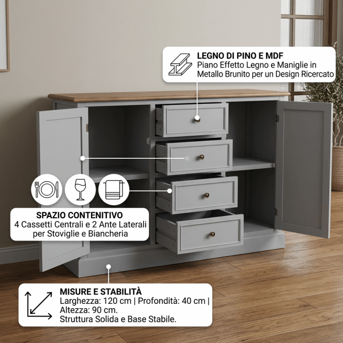 Credenza "Vicenzo" in Legno di Pino e MDF con 4 Cassetti e 2 Ante Piano Effetto Legno e Struttura Grigia 120x40x90 cm - immagine 3