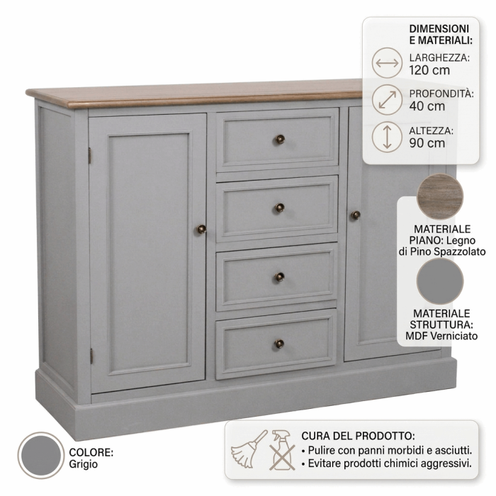 Credenza "Vicenzo" in Legno di Pino e MDF con 4 Cassetti e 2 Ante Piano Effetto Legno e Struttura Grigia 120x40x90 cm - immagine 4