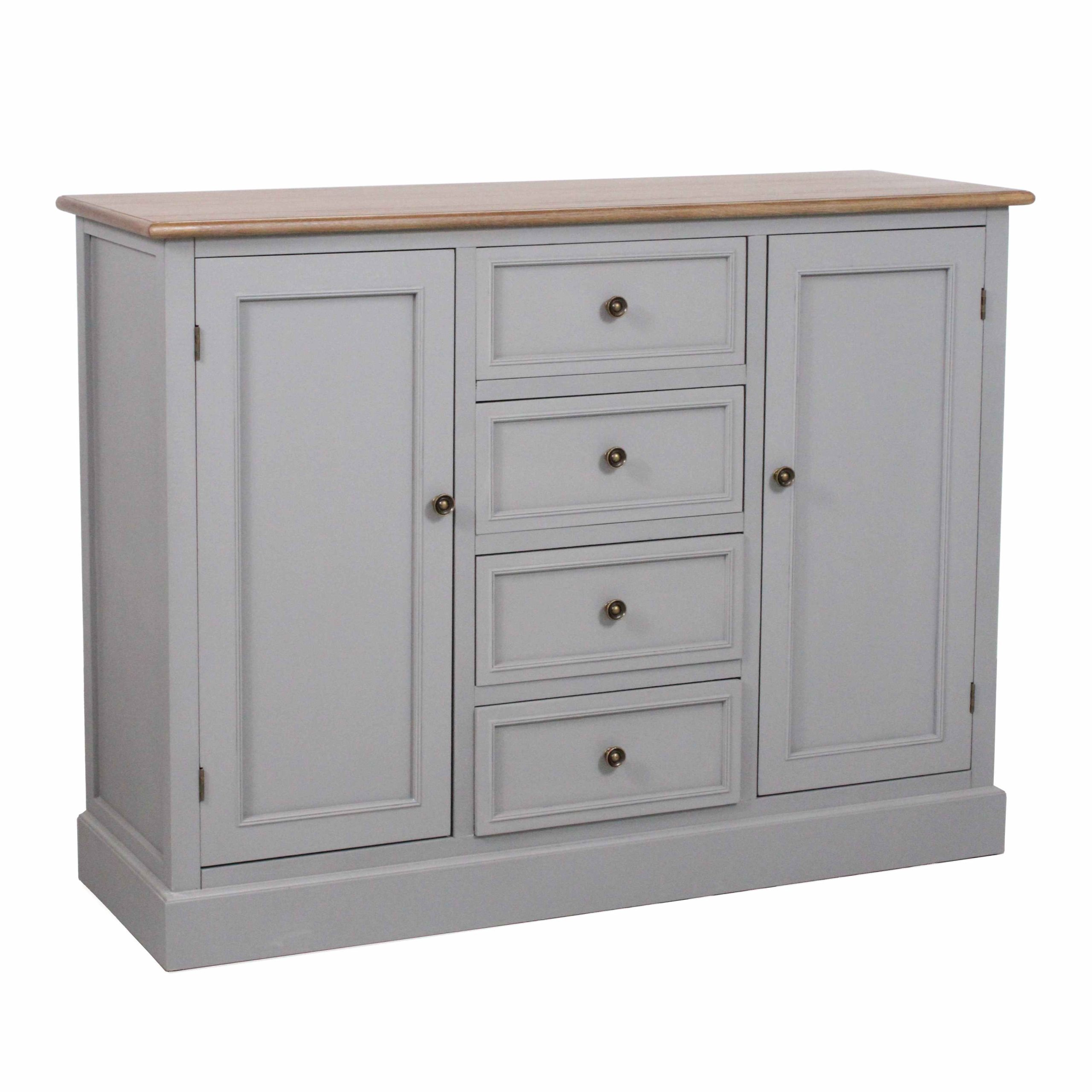 62-XJ798 Credenza "Vicenzo" in Legno di Pino e MDF con 4 Cassetti e 2 Ante Piano Effetto Legno e Struttura Grigia 120x40x90 cm