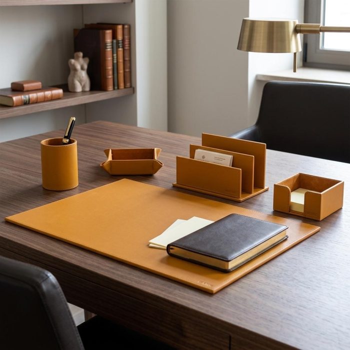 Set Ufficio in Pelle di Vitello Marrone "Noomi" Piano da Scrivania con Porta Penne, Porta Oggetti, Porta Lettere e Porta bigliettini - immagine 5