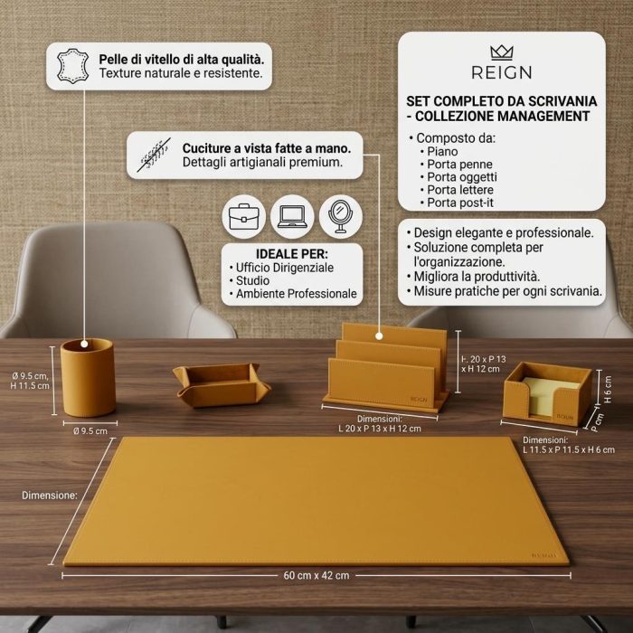 Set Ufficio in Pelle di Vitello Marrone "Noomi" Piano da Scrivania con Porta Penne, Porta Oggetti, Porta Lettere e Porta bigliettini - immagine 3