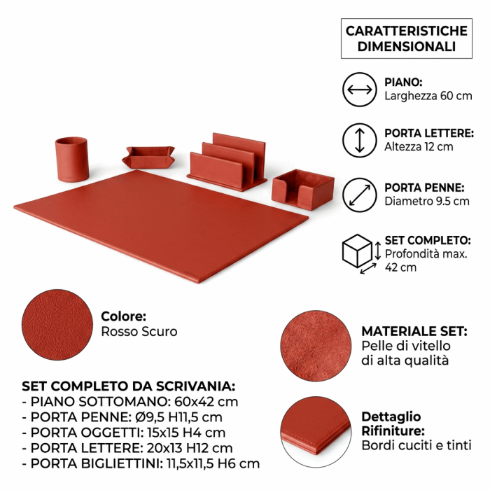 Set Ufficio in Pelle di Vitello Rosso Piano da Scrivania con Porta Penne, Oggetti, Lettere e bigliettini - immagine 4