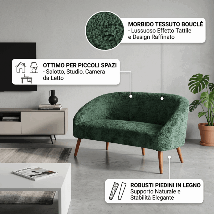 Divano "Elfo" in tessuto verde effetto bouclé - immagine 3