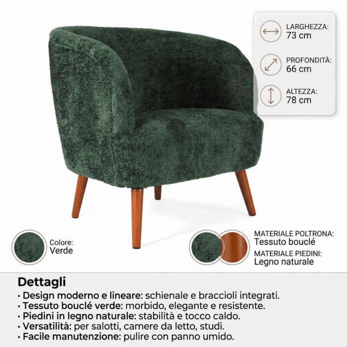 Poltrona "Elfo" in tessuto verde effetto bouclé - immagine 4