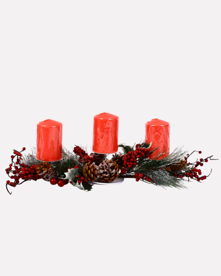 Portacandele natalizio decorativo con 3 candele rosse incluse
