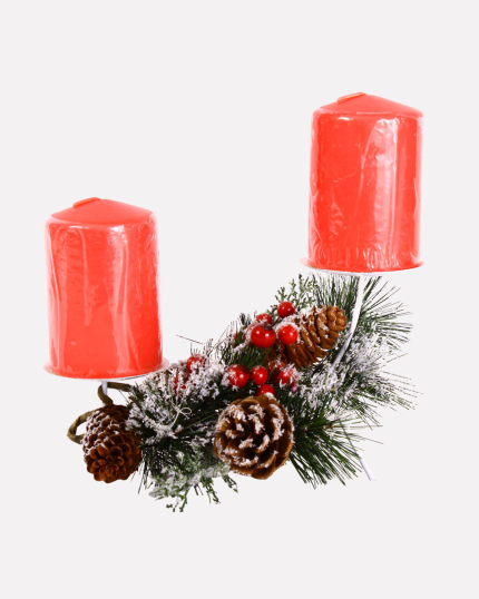 Portacandele natalizio decorativo con due candele rosse incluse