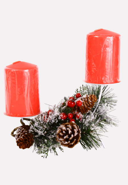Portacandele natalizio decorativo con due candele rosse incluse
