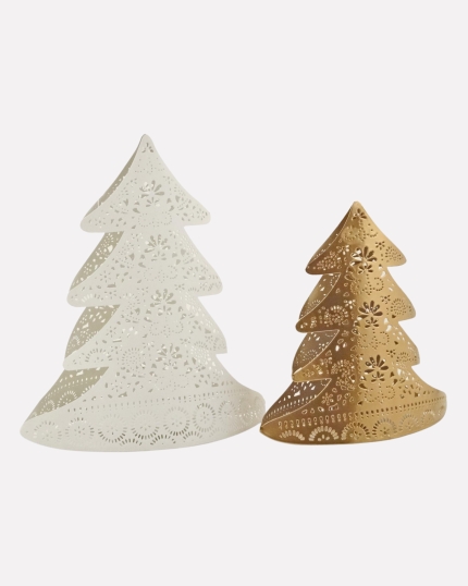 Portacandele decorazione natalizia albero in ferro oro e bianco in set di due