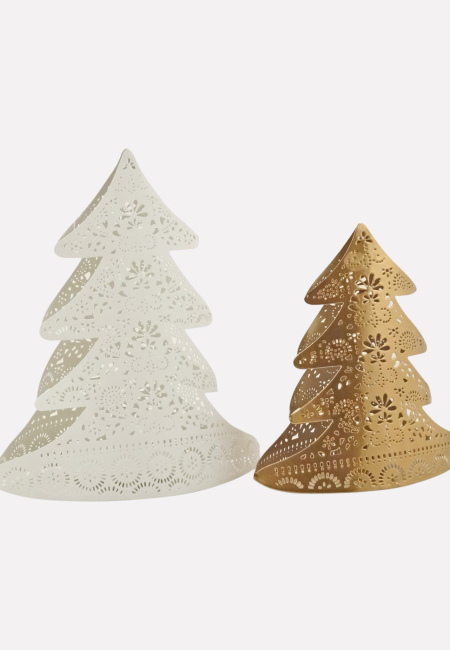 Portacandele decorazione natalizia albero in ferro oro e bianco in set di due