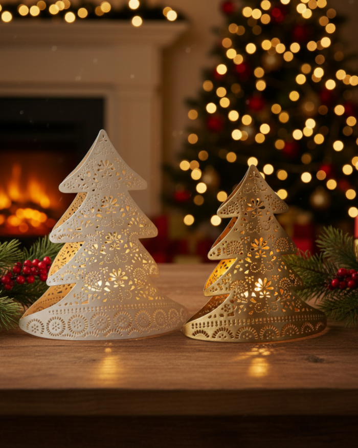 Portacandele decorazione natalizia albero in ferro oro e bianco in set di due - immagine 2