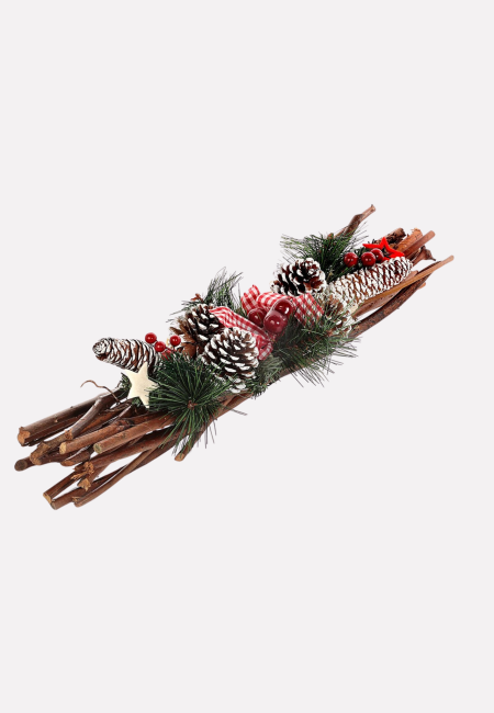 Decorazione natalizia rametti con pigne e cuore rosso