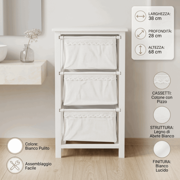 Cassettiera Bianca in Legno di Abete con 3 Cassetti 38x28x68 cm - immagine 4