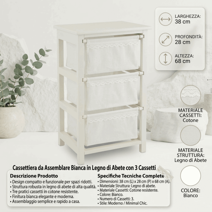 Cassettiera Bianca in Legno di Abete con 3 Cassetti 38x28x68 cm - immagine 3