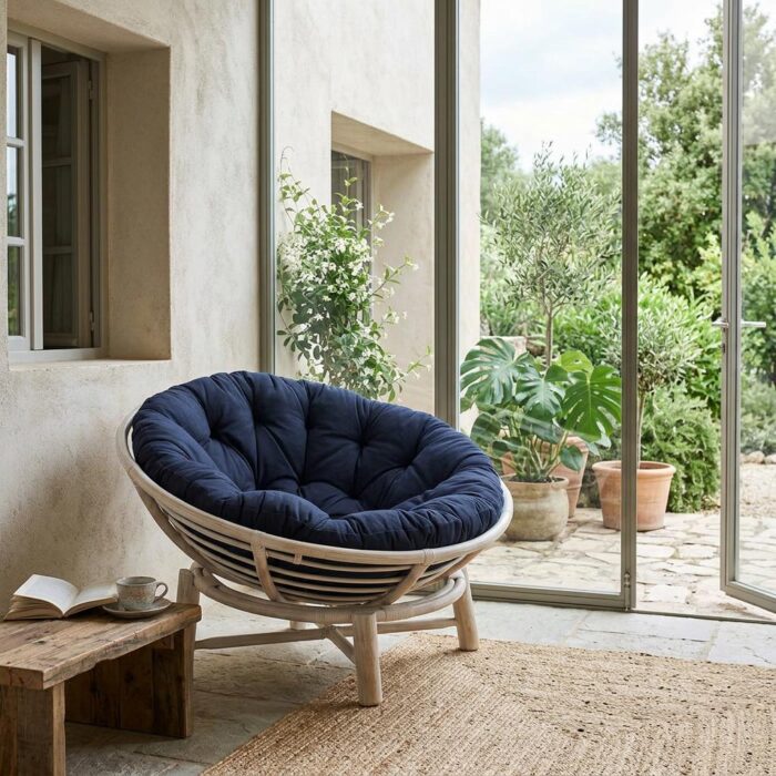 Poltrona "Papasan" rotonda in legno e rattan bianco - immagine 4