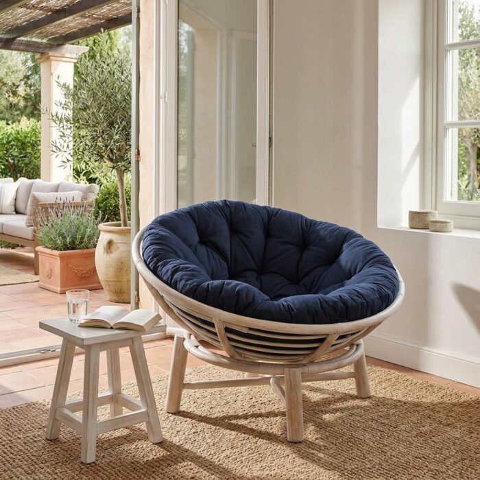 Poltrona "Papasan" rotonda in legno e rattan bianco - immagine 2