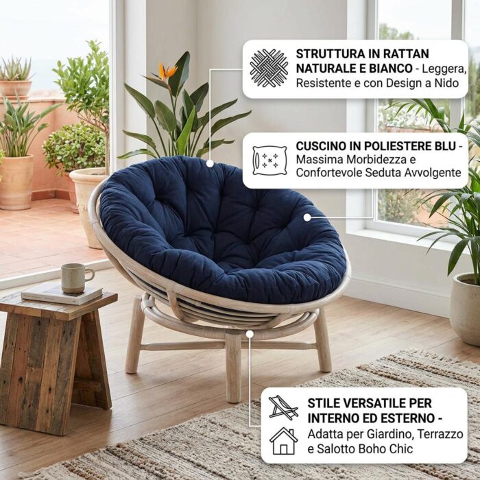 Poltrona "Papasan" rotonda in legno e rattan bianco - immagine 3