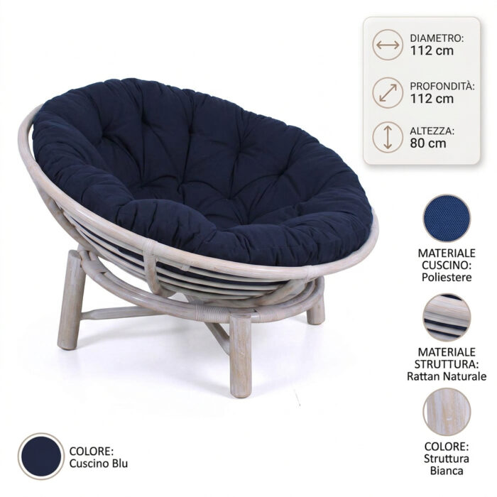 Poltrona "Papasan" rotonda in legno e rattan bianco - immagine 5
