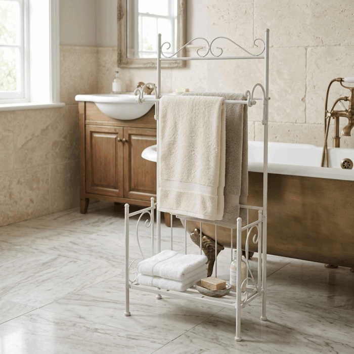 Portasciugamani in metallo bianco anticato con ripiano e barra porta asciugamani 41X21H105 cm - immagine 5