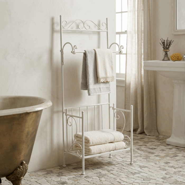 Portasciugamani in metallo bianco anticato con ripiano e barra porta asciugamani 41X21H105 cm - immagine 2