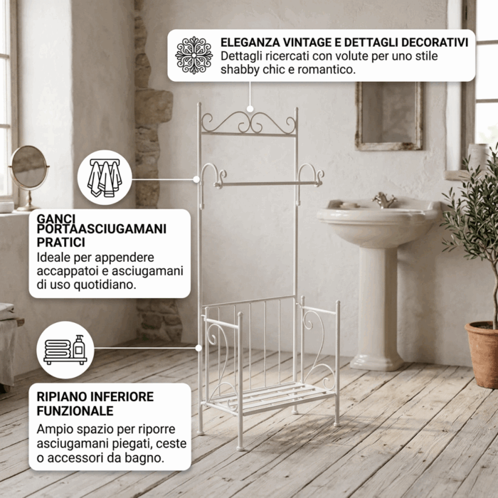 Portasciugamani in metallo bianco anticato con ripiano e barra porta asciugamani 41X21H105 cm - immagine 3