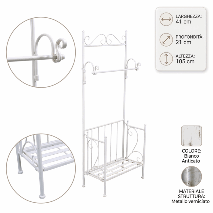 Portasciugamani in metallo bianco anticato con ripiano e barra porta asciugamani 41X21H105 cm - immagine 4
