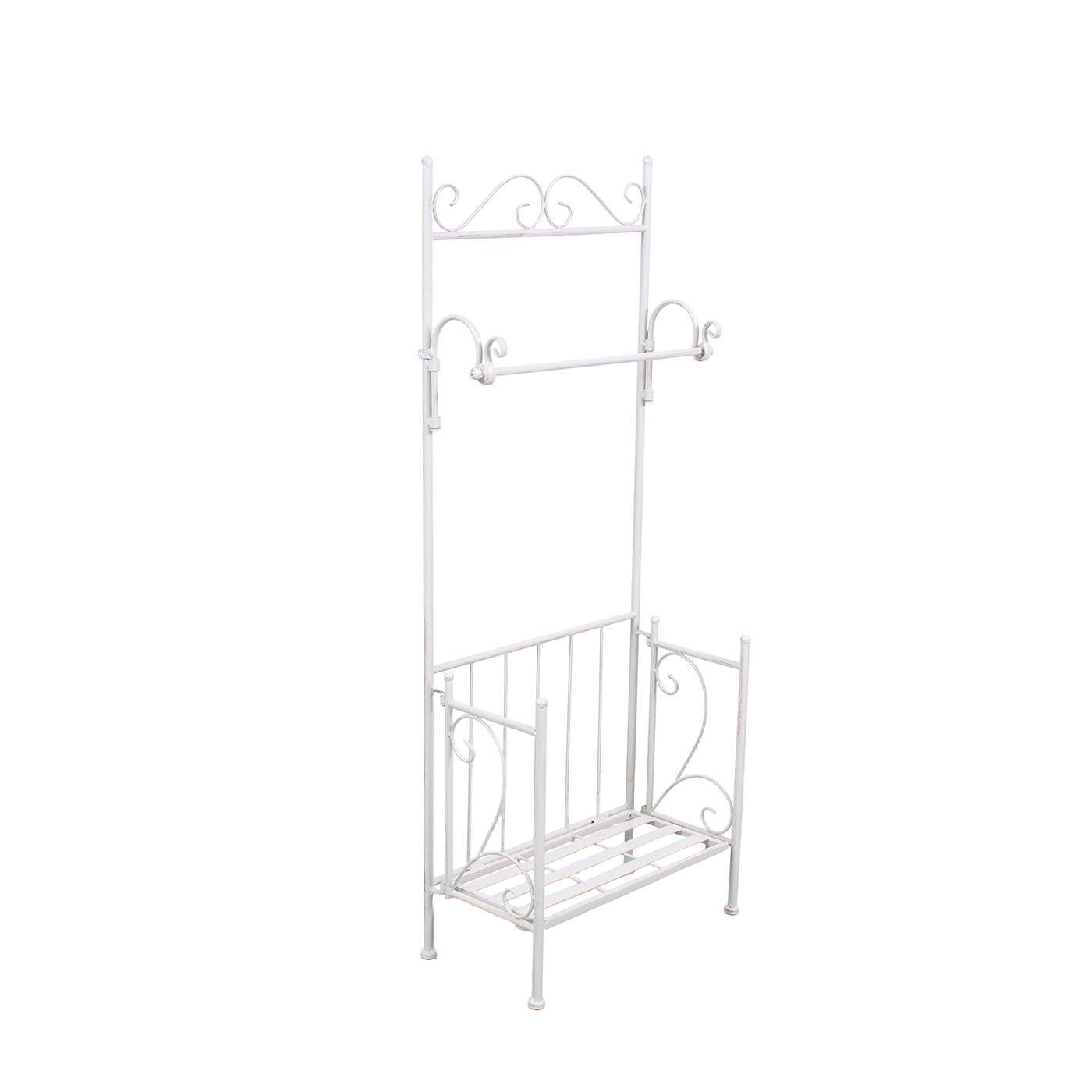 11-NQ13 Portasciugamani in metallo bianco anticato con ripiano e barra porta asciugamani 41X21H105 cm