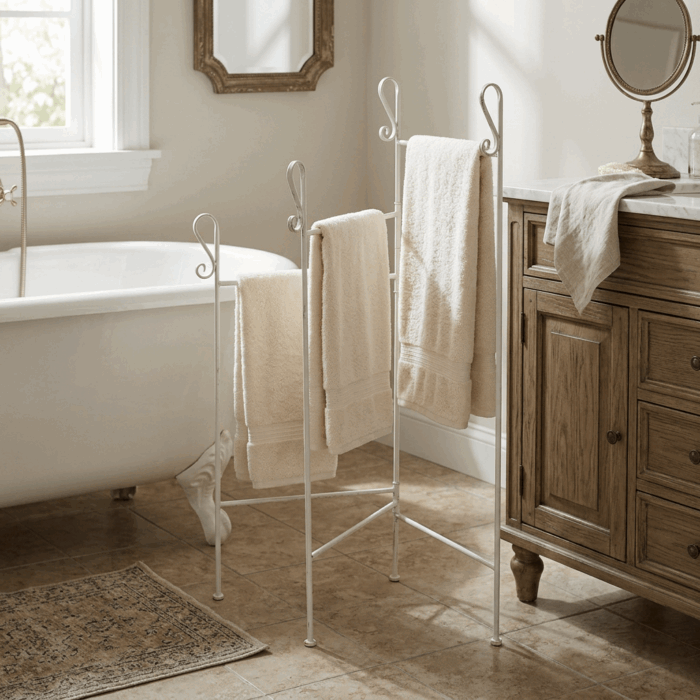 Portasciugamani in metallo bianco anticato con 3 braccia ripieghevoli 40X40XH105 cm - immagine 2