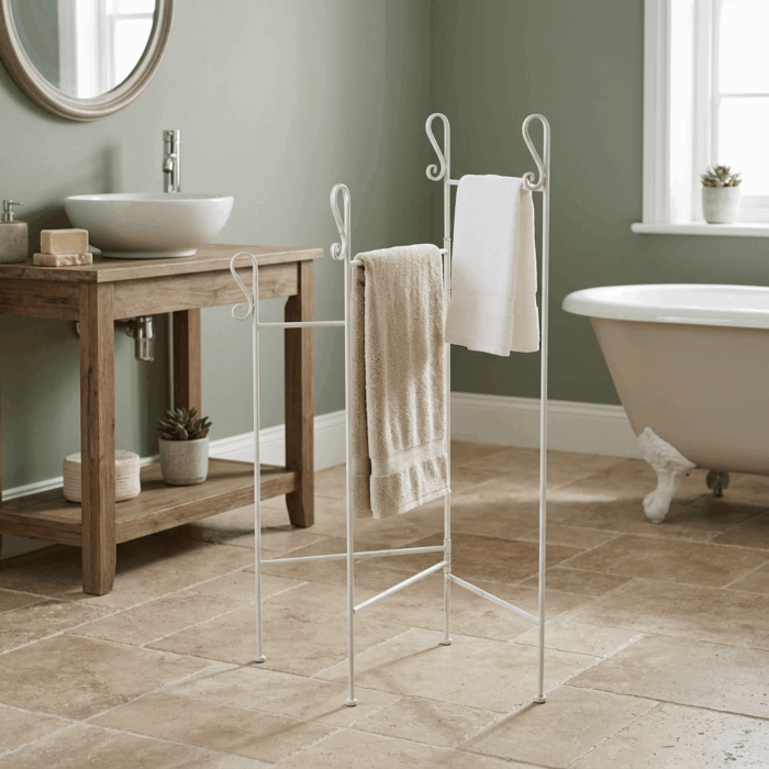 Portasciugamani in metallo bianco anticato con 3 braccia ripieghevoli 40X40XH105 cm - immagine 5