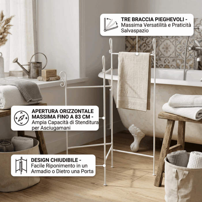 Portasciugamani in metallo bianco anticato con 3 braccia ripieghevoli 40X40XH105 cm - immagine 3