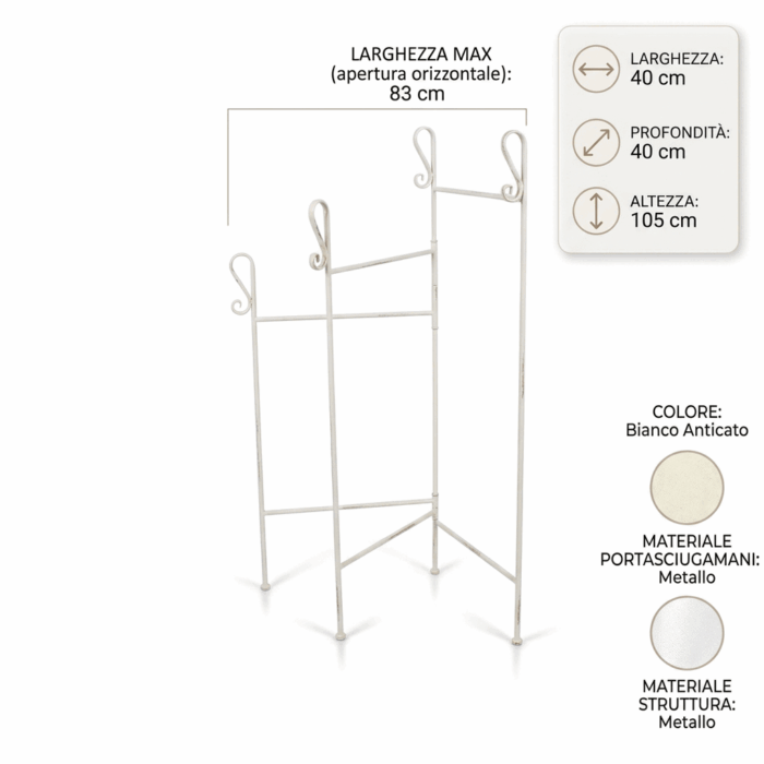 Portasciugamani in metallo bianco anticato con 3 braccia ripieghevoli 40X40XH105 cm - immagine 4