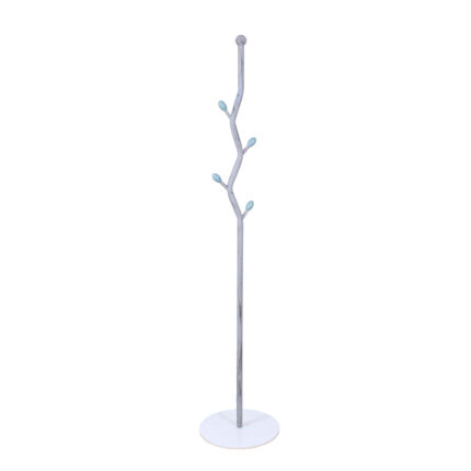 Attaccapanni in metallo grigio stilizzato a piantana con petali azzurri 32X32H170 cm