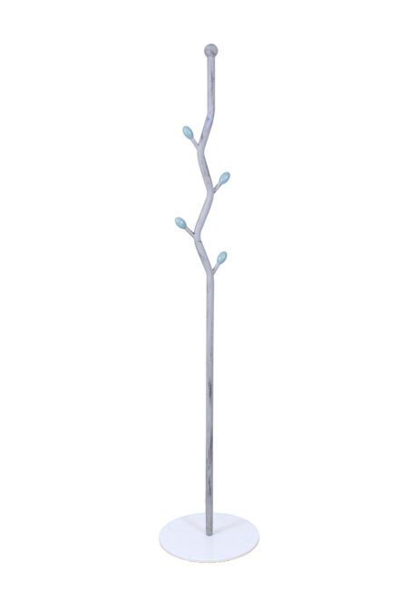 Attaccapanni in metallo grigio stilizzato a piantana con petali azzurri 32X32H170 cm