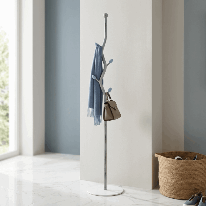 Attaccapanni in metallo grigio stilizzato a piantana con petali azzurri 32X32H170 cm - immagine 2