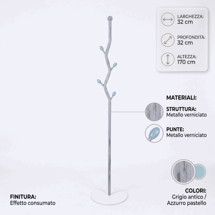 Attaccapanni in metallo grigio stilizzato a piantana con petali azzurri 32X32H170 cm - immagine 4