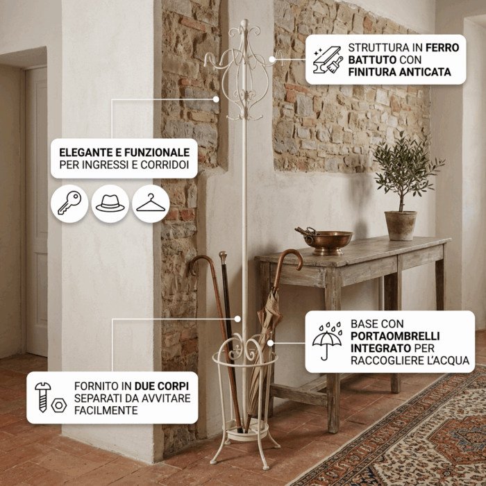 Appendiabiti con portaombrelli in ferro bianco anticato Ø35XH187 cm - immagine 3