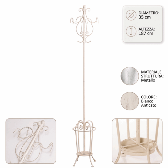 Appendiabiti con portaombrelli in ferro bianco anticato Ø35XH187 cm - immagine 4