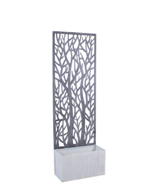Fioriera in metallo grigio anticato con spalliera decorativa 62X28H195 cm