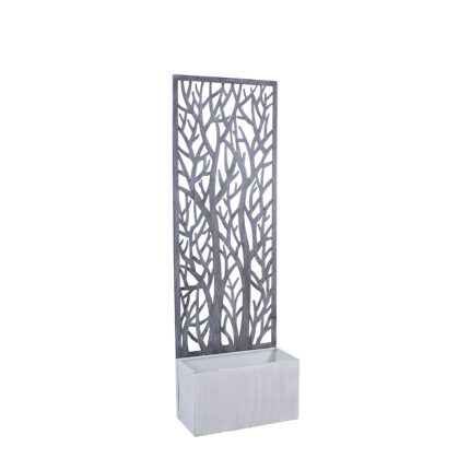 Fioriera in metallo grigio anticato con spalliera decorativa 62X28H195 cm