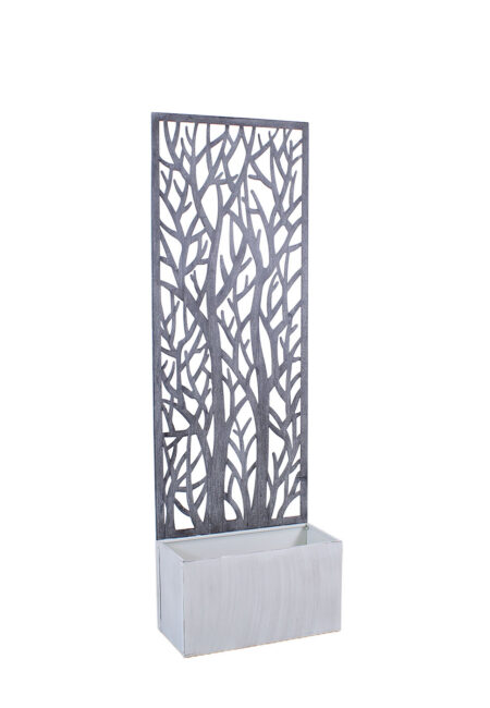Fioriera in metallo grigio anticato con spalliera decorativa 62X28H195 cm
