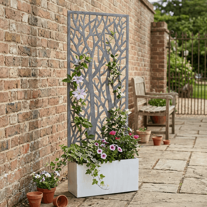 Fioriera in metallo grigio anticato con spalliera decorativa 62X28H195 cm - immagine 2