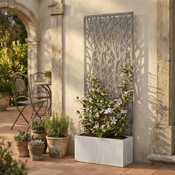 Fioriera in metallo grigio anticato con spalliera decorativa 62X28H195 cm - immagine 5