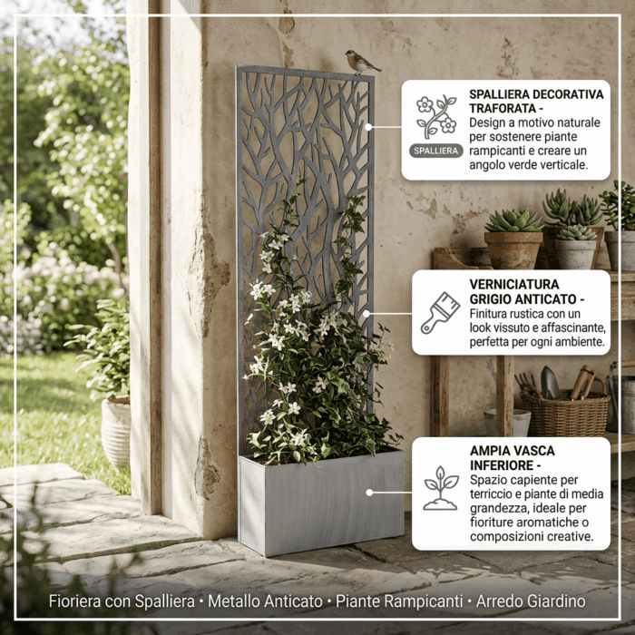 Fioriera in metallo grigio anticato con spalliera decorativa 62X28H195 cm - immagine 3