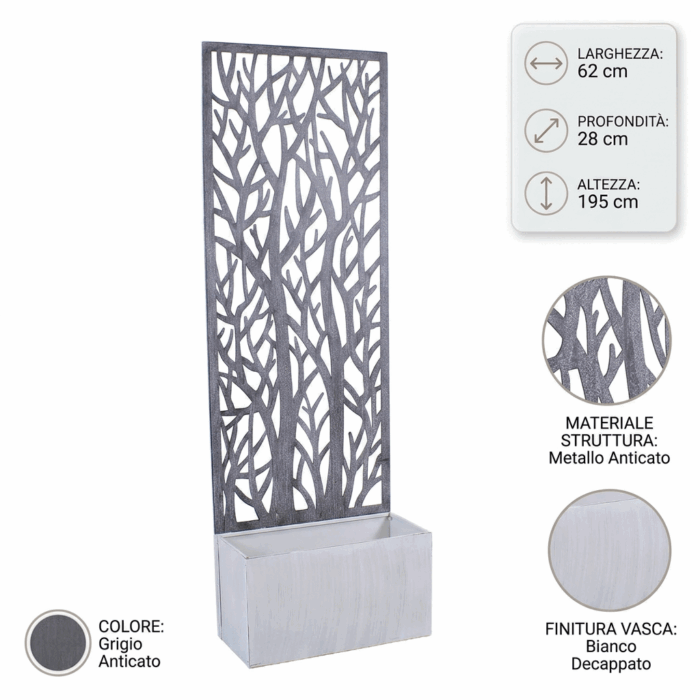 Fioriera in metallo grigio anticato con spalliera decorativa 62X28H195 cm - immagine 4